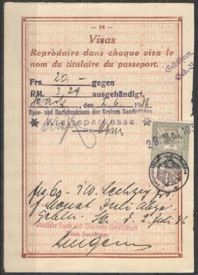 1936 г. Германия. Виза. Состояние материала: гашеная