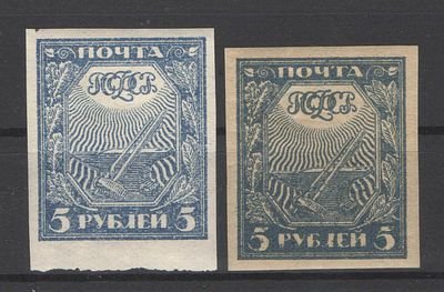 РСФСР. 1921 г. По С/К №5. 2 марки - на белой+на серой бумаге .Двоение оттиска. Состояние:*.