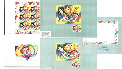 2002 г. Утвержденные проекты к марке и М/Л 2002 года "Цирк". По С/К №755. На листах А4 - 3 