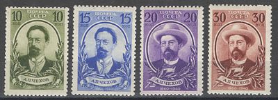 1940 г. По С/К № 627-630. А.П. Чехов. Полная серия. Качество: с оригинальным клеем без следов 