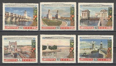 1953 г. По С/К №1634/39. Волго-Донской канал. Полная серия - 6 марок с кирпично-красной нижней 