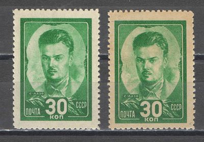 1944 г. По С/К №838. Герои Гражданской войны. Две марки - на белой + на кремовой бумаге. 