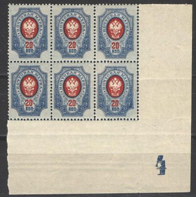 1912 г. Российская Империя. По С/К№103(2). 19 выпуск. Штрайф из 6-ти марок. Правый нижний угол. 