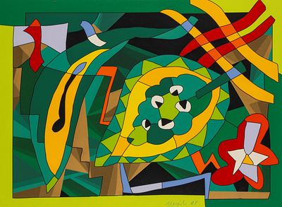 Ugo Nespolo (Mosso 1941) - Composizione con foglia e fiore - Ugo Nespolo (Mosso 1941) - 
