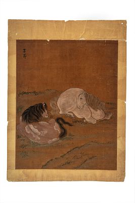 Dipinto su tela raffigurante due cavalli accovacciati, nello stile di Zhao Mengfu. Cina, secolo 