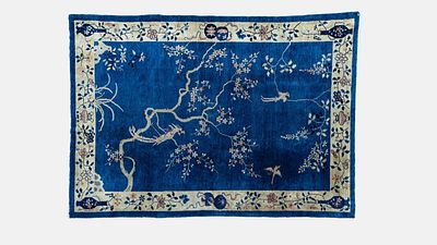 Tappeto Pechino a fondo blu con ramo fiorito e volatile cm 260x180 