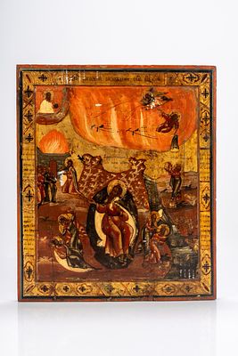 Icona a tempera e fondo oro su tavola raffigurante l’ascesa infuocata del profeta Elia e scene 