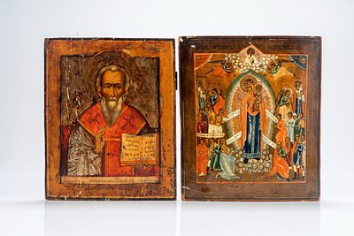 Due icone su tavola raffiguranti San Nicola Taumaturgo e Madre di Dio Gioia di tutti gli 