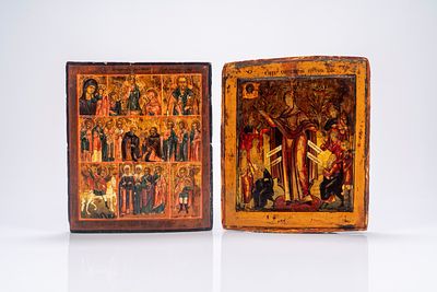 Due icone su tavola raffiguranti Vergine Goia di tutti gli afflitti e Discesa di Cristo agli 