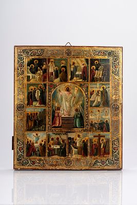 Icona su tavola raffigurante le Dodici Grandi Feste. Russia, XIX secolo cm 35,3x30,4 Le “Dodici 
