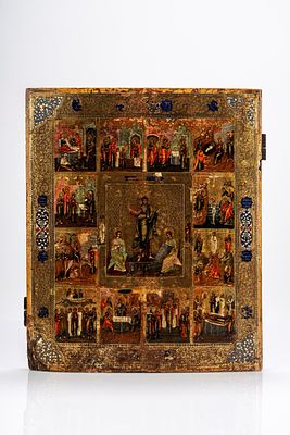 Icona su tavola raffigurante le Dodici Grandi Feste. Russia, XIX secolo cm 44,5x36,3 Le “Dodici 