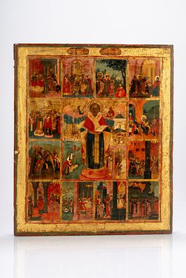 Icona a fondo oro e tempera su tavola raffigurante san Nicola di Mozhaisk con scene della sua 