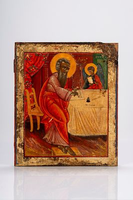 Icona su tavola raffigurante san Matteo Evangelista. Russia, XVIII secolo cm 33,5x28,4 mancanze 