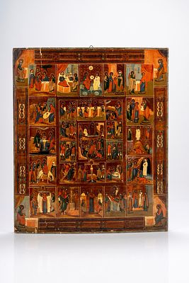 Icona su tavola raffigurante le Sedici Feste con ciclo della Passione. Russia, XIX secolo cm 52 