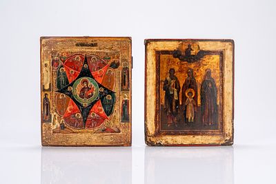 Due icone su tavola raffiguranti la Vergine del Roveto Ardente e Santi. Russia, XIX secolo cm 