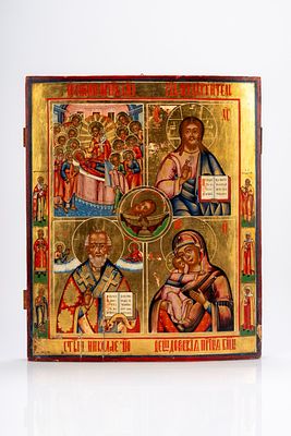 Icona quadripartita a fondo oro e tempera su tavola raffigurante la Dormitio Virginis, Cristo 