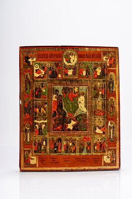 Icona a tempera e foglia d'oro su tavola raffigurante la Resurrezione di Cristo e le sedici 