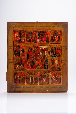 Icona su tavola raffigurante le Dodici Grandi Feste. Russia, fine XIX secolo cm 44,5x38,7 Le 