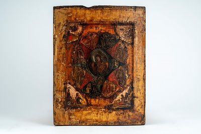 Tre icone su tavola: una raffigurante la Madonna del Roveto Ardente, una mariana quadripartita 