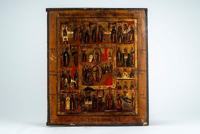 Due icone su tavola raffiguranti le Dodici Grandi Feste e la Madonna della Tenerezza. Russia 