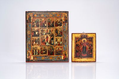 Due icone su tavola raffiguranti le Dodici Feste e Madre di Dio gioia di tutti gli afflitti. 