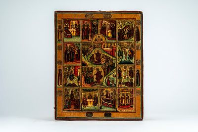 Tre icone su tavola raffiguranti le Dodici Grandi Feste, la Madre di Dio di Kazan e la Madre di 