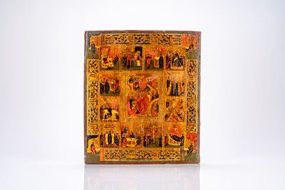 Icona su tavola raffigurante la Resurrezione di Cristo e la Discesa agli inferi con le Dodici 