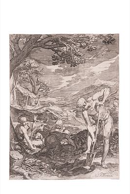 Abraham Bloemaert - Il lavoro di Adamo ed Eva, 1600 (…) Incisione in rame, mm 256 x 190, sec. 