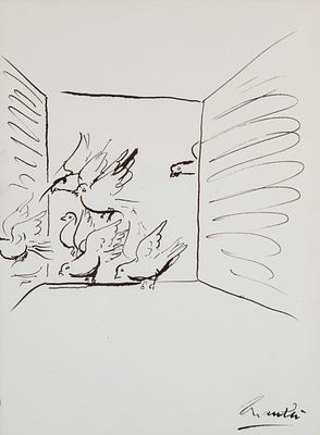 Giacomo Manz&ugrave; (Bergamo 1908 - Roma 1991) - Colombi alla finestra - Giacomo Manz&ugrave; (Bergamo 