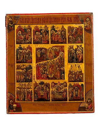 Icona su tavola raffigurante le Dodici Grandi Feste. Russia, fine secolo XVIII/XIX - Icona su 