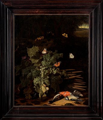 Isaac Denies (1647 - 1690) - Natura morta con farfalle e cardellini en plein air - Isaac Denies 