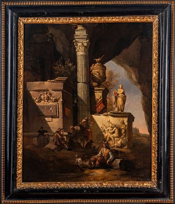 Artista nordico attivo a Roma, seconda met&agrave; del secolo XVII - Capriccio architettonico con figure