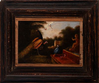 Scuola del secolo XVIII - Veduta di giardino con pavone e altri volatili - Scuola del secolo XVIII 