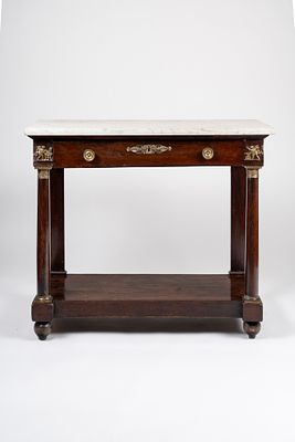 Piccola console Impero lastronata con piano in marmo bianco. Secolo XIX - Piccola console Impero 