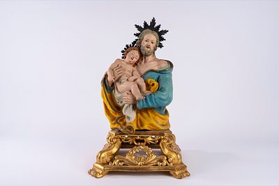 San Giuseppe con Bambino, scultura in terracotta policroma con applicazioni in metallo 