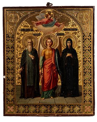 Icona su tavola con Arcangelo Michele e Santi. Russia, cm 26,5x22x2 ai lati San Sergio Randonez 