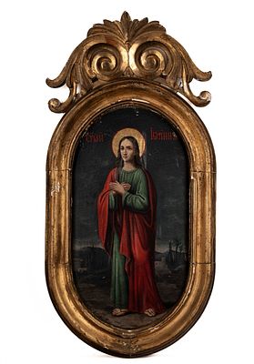 Icona su tavola con San Giovanni Evangelista, Russia, XIX secolo cornice in legno intagliato e 