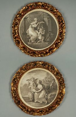 Camilla disarmata da Cupido; Cupido ispira la poesia di Saffo cm tot 39,5 x 38,5 due incisioni 