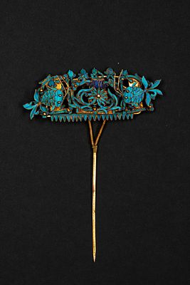 Fermaglio per capelli su forcina singola e molla (tian-tsui) decorato con piume di martin 