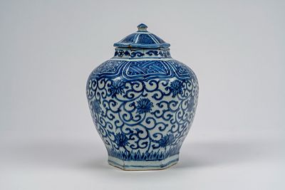 Vaso esagonale a costole con coperchio in porcellana bianco-blu con scene di uccelli e 