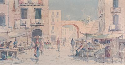 Scuola del secolo XX - Scorcio di paese con mercato - Scuola del secolo XX - Scorcio di paese con 