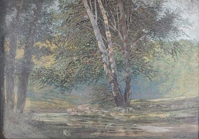 Scuola di inizio secolo XX - Paesaggio boschivo con ruscello e ranocchi - Scuola di inizio secolo 