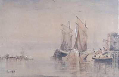Scuola inglese, secolo XIX - Marina con barche e pescatori - Scuola inglese, secolo XIX - Marina 