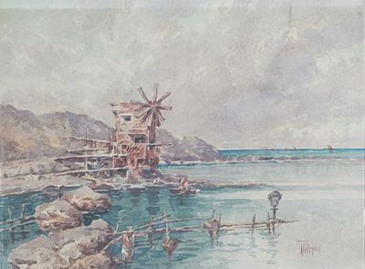 Arturo Pellegrini (Barbona 1926 - ?) - Paesaggio lacustre con pescatori e mulino a vento - Arturo 