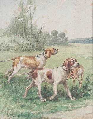 Alberti (1940 circa) - Coppia di cani da caccia con preda - Alberti (1940 circa) - Coppia di cani 