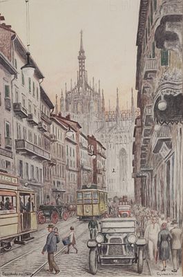 Beppe Giacchi (attivo met&agrave; secolo XX) - Milano, tramonto sul corso - Beppe Giacchi (attivo 