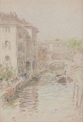 Enrico Intraina (Milano 1870 - 1945) - Il Naviglio al Tombone di San Marco - Enrico Intraina 
