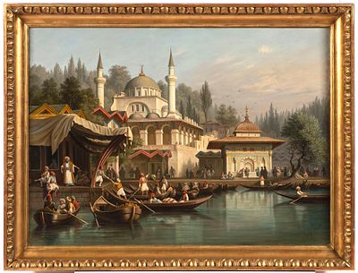 August Finke - August Finke- 
Boats in front of the Mihrimah Sultan Mosque in Istanbul. Boats in 