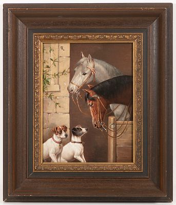 Carl Reichert (1836 -1918 ) - Carl Reichert (1836 -1918 )- 
Two horses looking at two dogs. A 