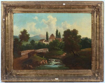 18th/19th century painter- 
Romantic mountain landscape. Romantic mountain landscape with two 